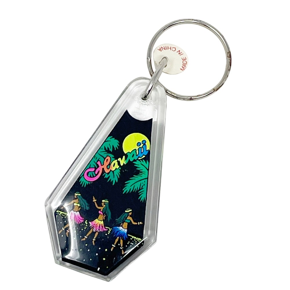 Vintage 80s Hawaii Keychain Black Neon Aloha Hula Dancers Retro Souvenir Plastic